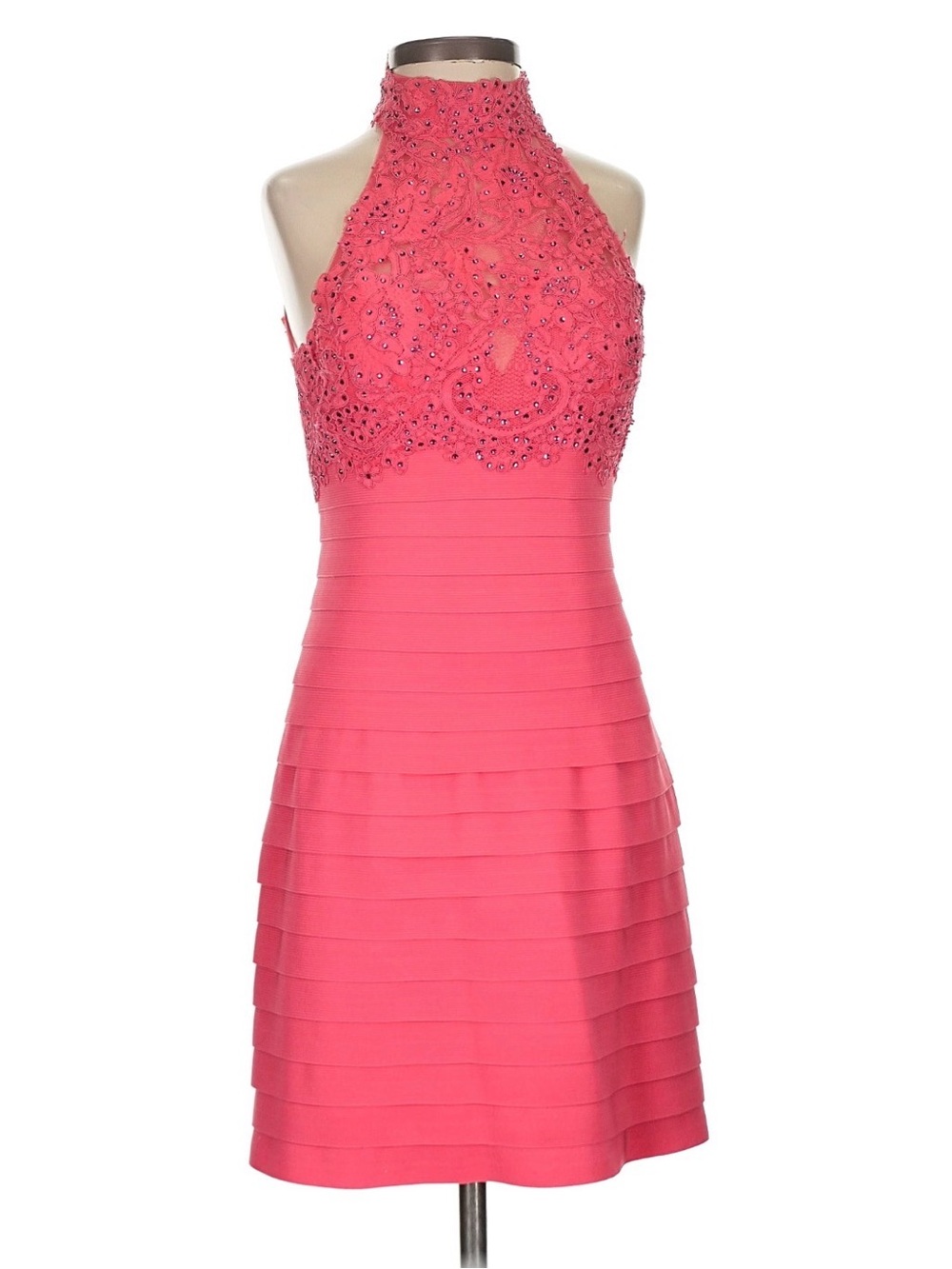 Sherri Hill Beaded Halter HOMECOMING Dress Coral Lace Size O EUC